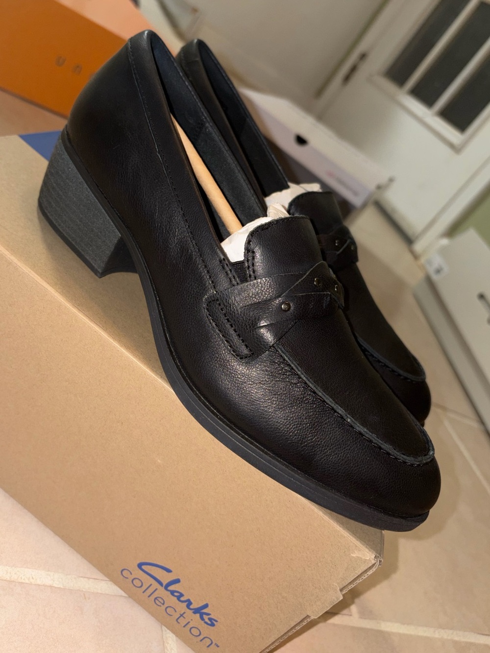 Clarks Black Leather Penny Loafers with Block Heel